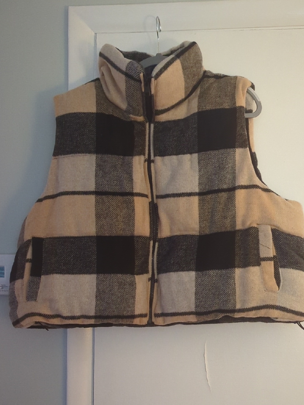 Ashley Stewart Black and Tan Plaid Puffer Vest